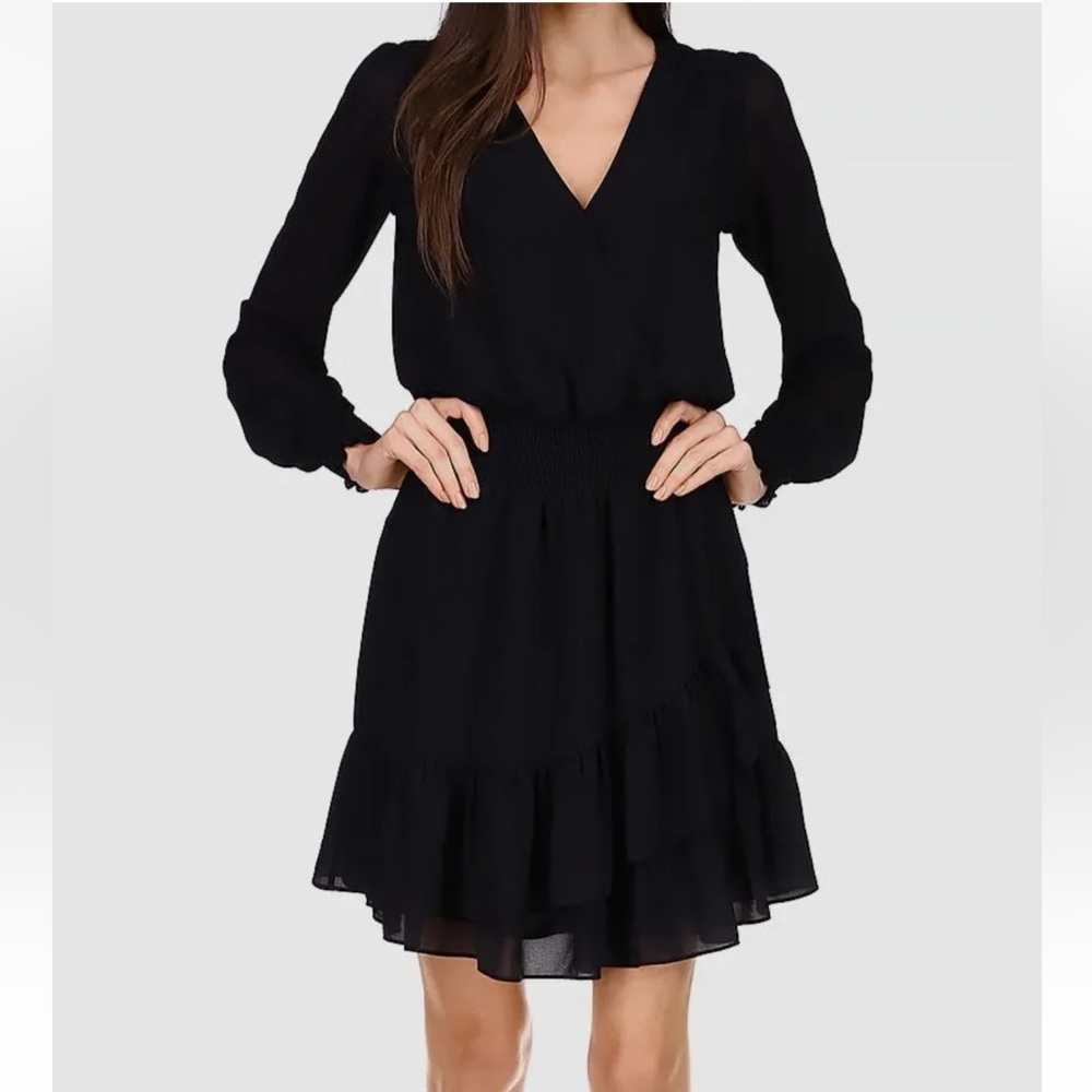 Michael Kors Women's Black Smocked V-Neck Ruffled Dress SZ Petite Small New